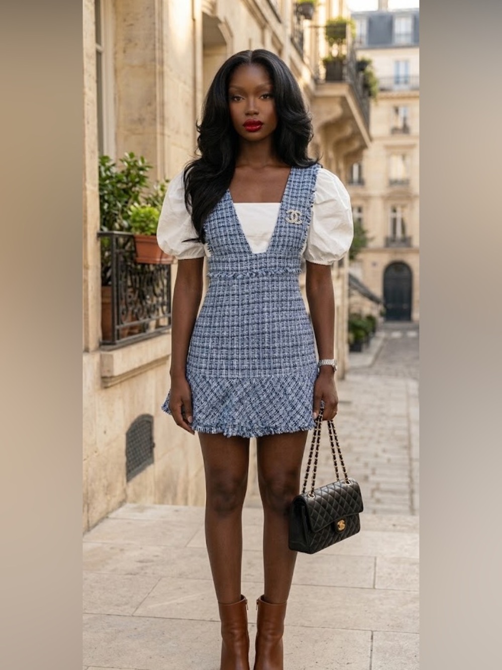 Zara Blue Tweed Pinafore Mini Dress with White Puff Sleeves and BROOCH